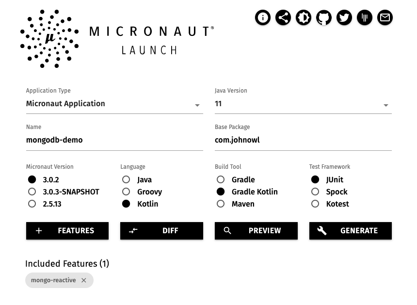exemplo das configurações no site Micronaut Launch